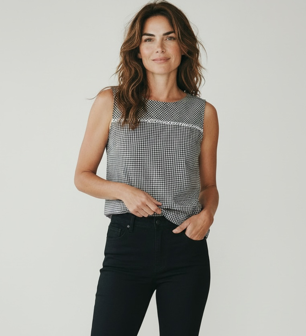 Talbots Women's Black and White Gingham Sleeveless Tank Top with Eyelet Trim